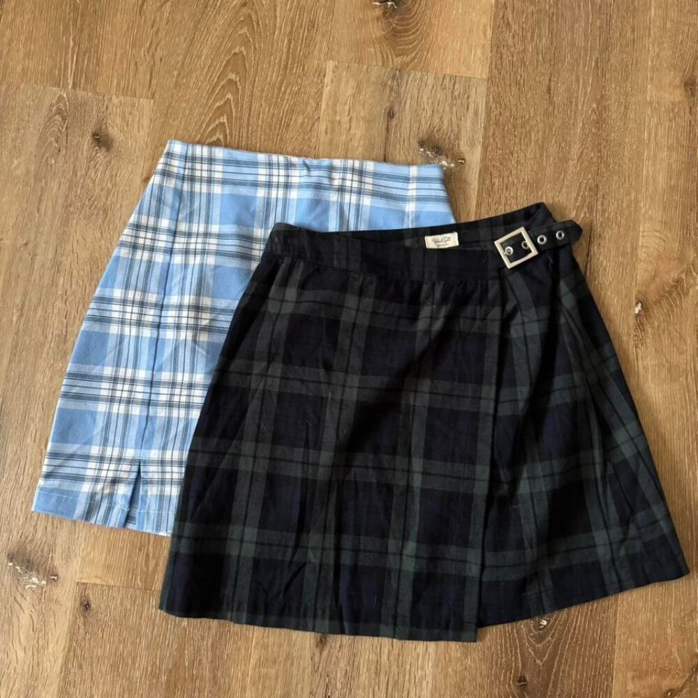 Brandy‎ Melville & John Galt Women Light Blue & Dark Green Plaid Skirt Sz OS Set